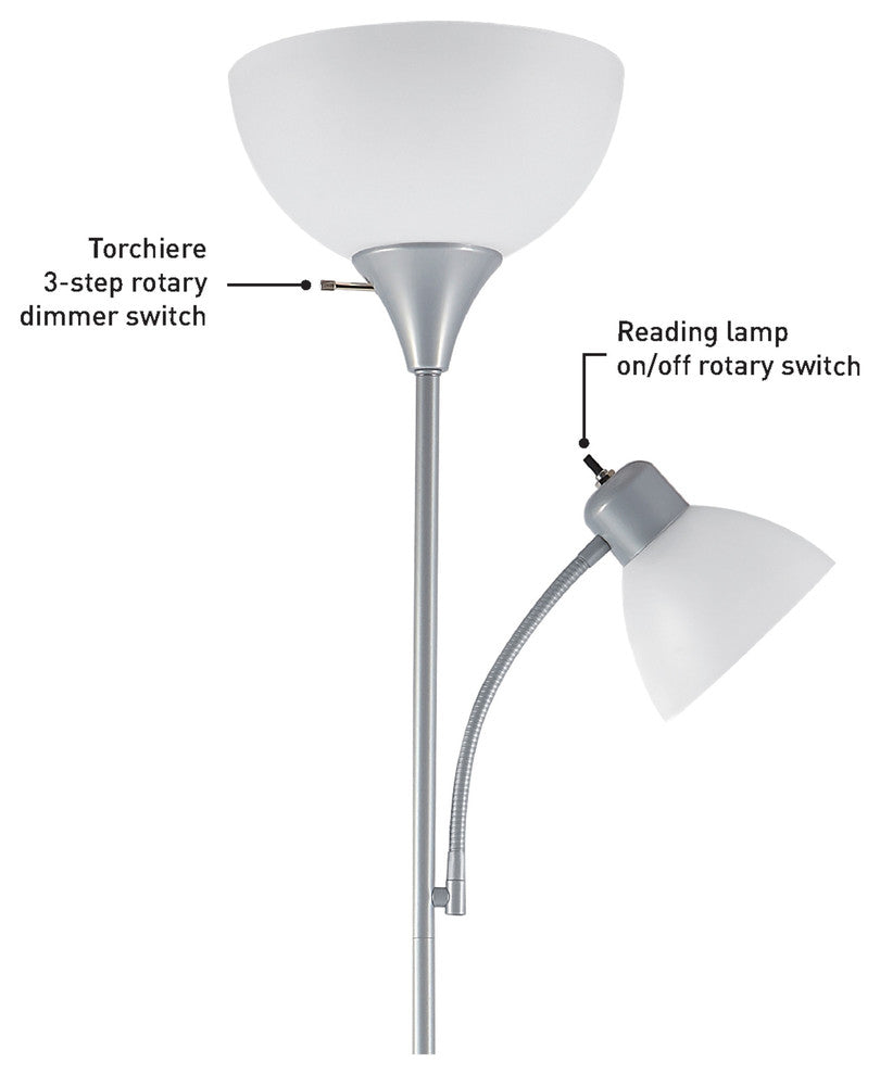 Delilah 72" Torchiere Floor Lamp With Adjustable Reading Light, Silver