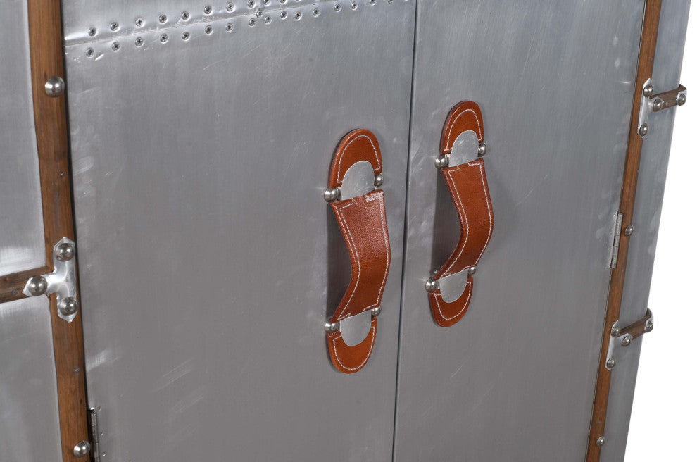 Pilot Tall Cabinet in Silver Aluminum Cladding and Leather Accents