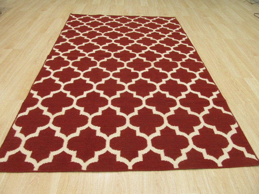 Handmade Wool Red Contemporary Trellis Flatweave Reversible Moroccan Rug, 8'x10'