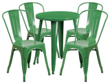Commercial Grade 24" Round Green Metal Indoor-Outdoor Table Set, 4 Cafe Chairs