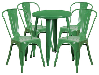 Commercial Grade 24" Round Green Metal Indoor-Outdoor Table Set, 4 Cafe Chairs