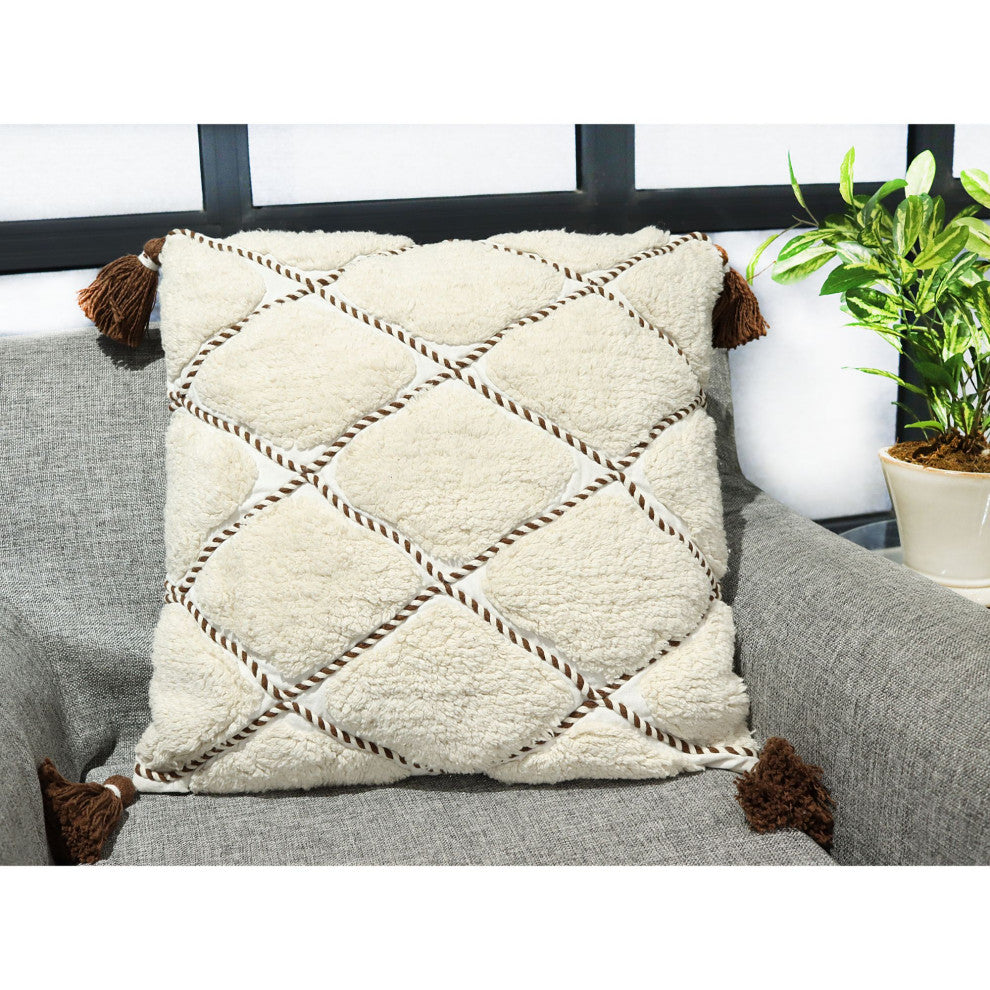 White Tuffted with Tassels Lynn Throw Pillow, 20" x 20"