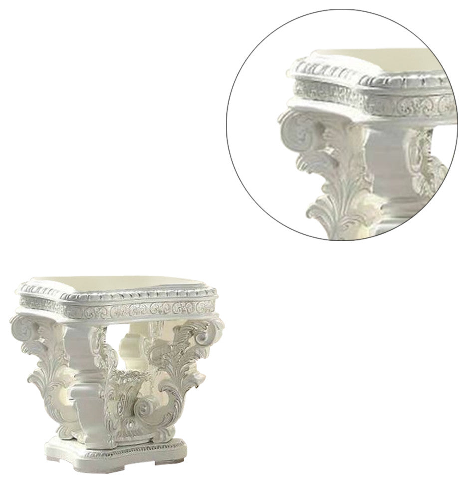 Benzara BM276275 29" End Table, Raised Scrolled Pedestal, Ornate Motif, White