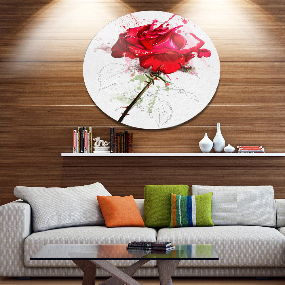 Rose Sketch With Stem On White, Flower Round Metal Wall Art, 23"