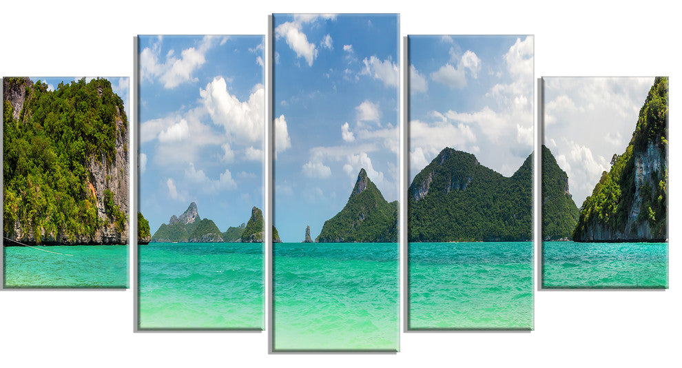 Thailand Beach Panorama, Landscape Canvas Art Print, 60"x32", 5 Panels