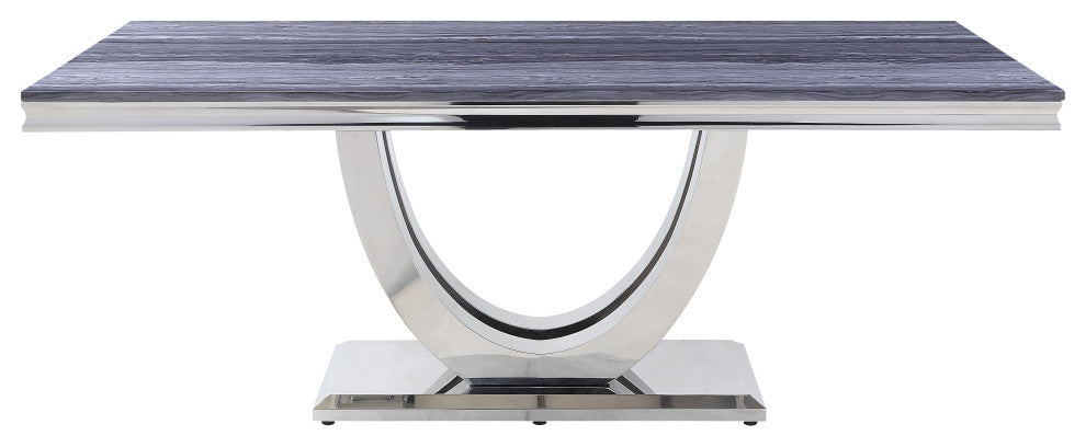 ACME Cambrie Dining Table, Faux Marble and Mirrored Silver