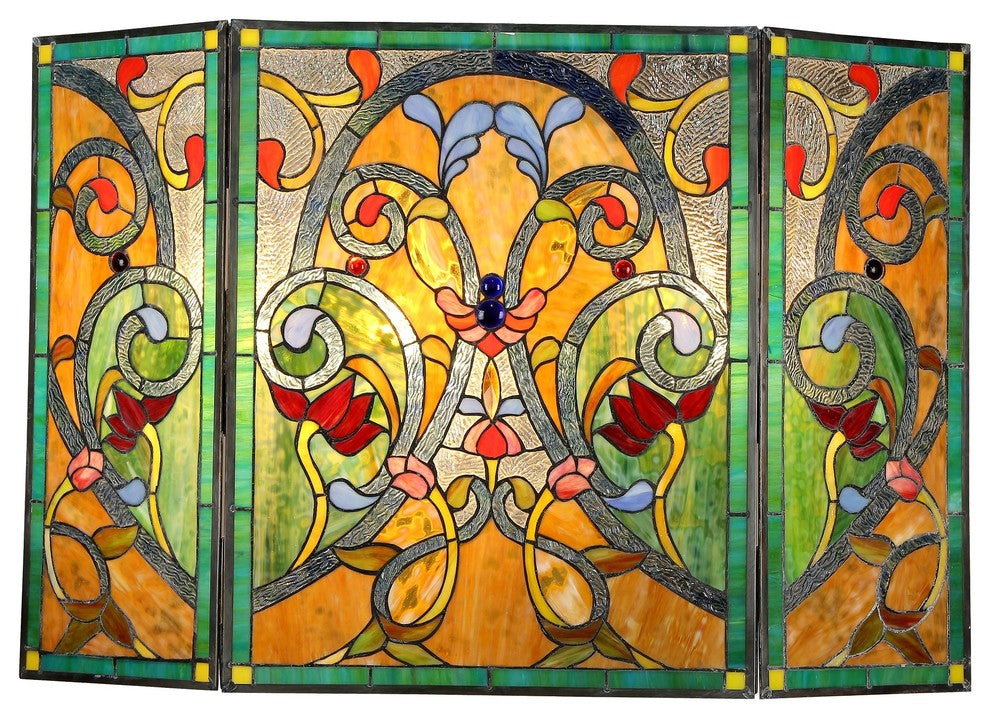MYRTLE Tiffany-style 3pcs Folding Victorian Fireplace Screen 44x28