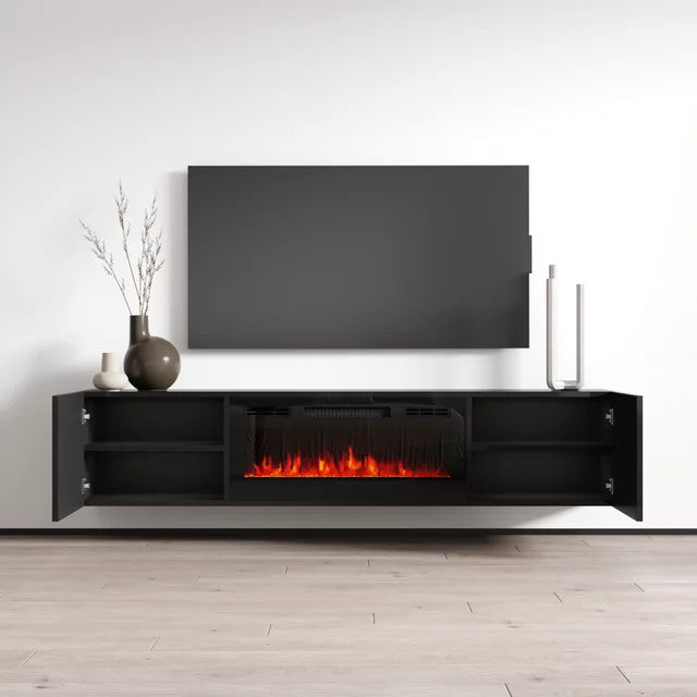 Modern Floating Fireplace Entertainment Center, High Gloss Finish, Black