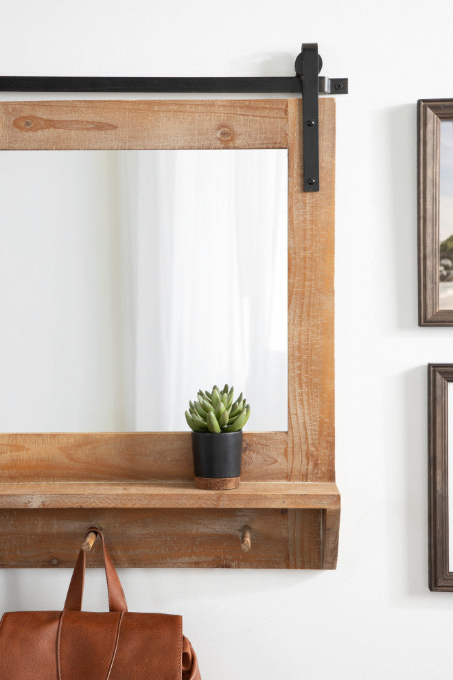 Cates Framed Wall Mirror with Shelf and Hooks, Rustic Brown 42x27
