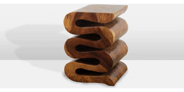 Thai All-Natural Wave Wood End Table in Walnut, 14" X 14" X 20"