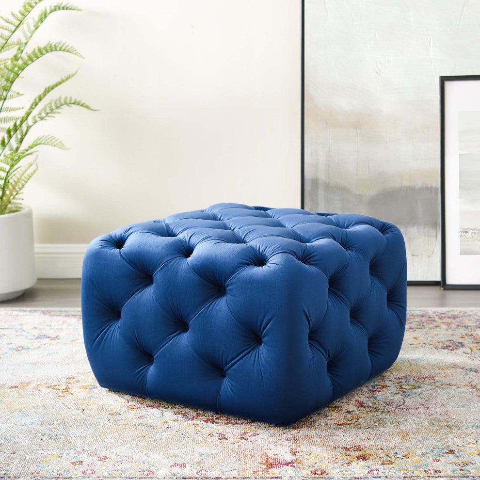 Tufted Accent Chair Ottoman, Square, Velvet, Blue Navy, Modern, Lounge
