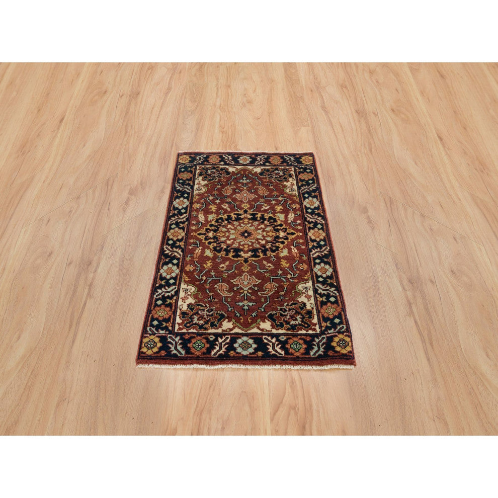 Rust Red Antiqued Sarouk Re-Creation Pure Wool Hand Knotted Rug, 2'x3'2"