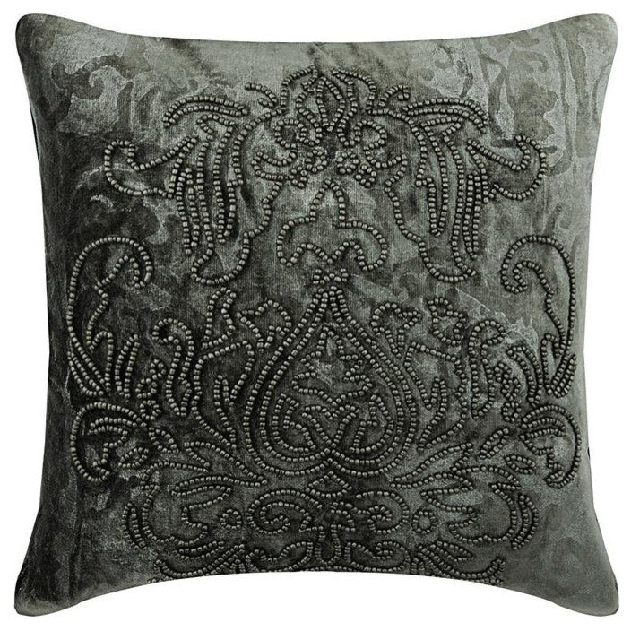 Damask Silver Foil Grey & Silver Velvet 18"x18" Pillow Cover, Steel Damask