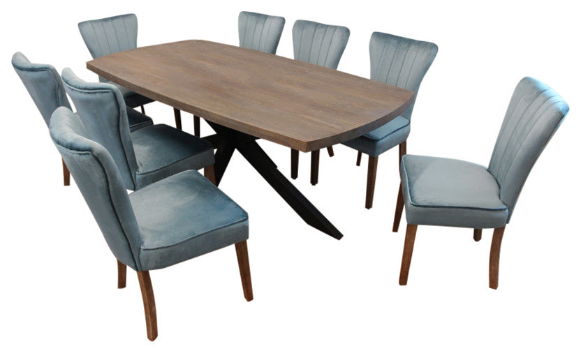 Felix 9-Piece Dining Set With 82" Dining Table and 8 Teal Velvet Chairs