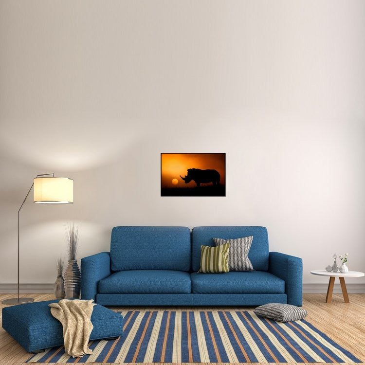 "Rhino Sunrise" Framed Canvas Giclee by Mario Moreno, 31x21"