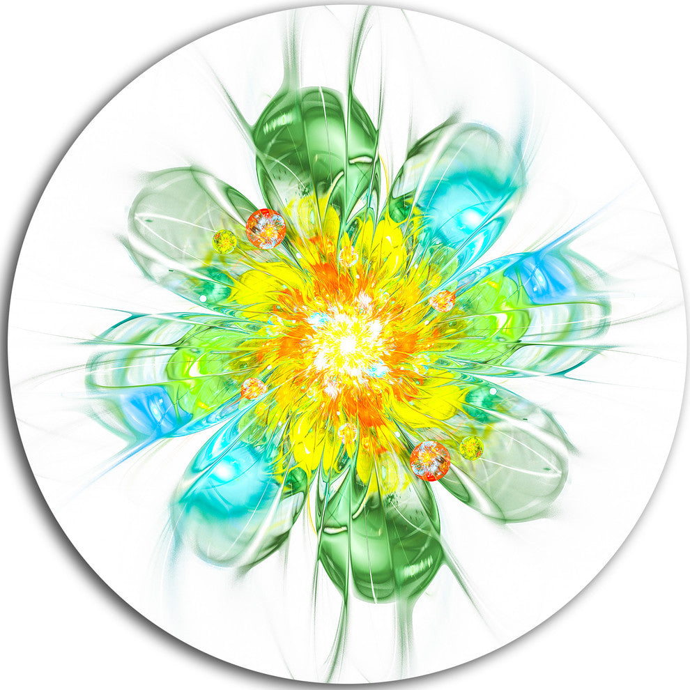 Yellow Blue Glowing Fractal Flower, Floral Disc Metal Artwork, 36"