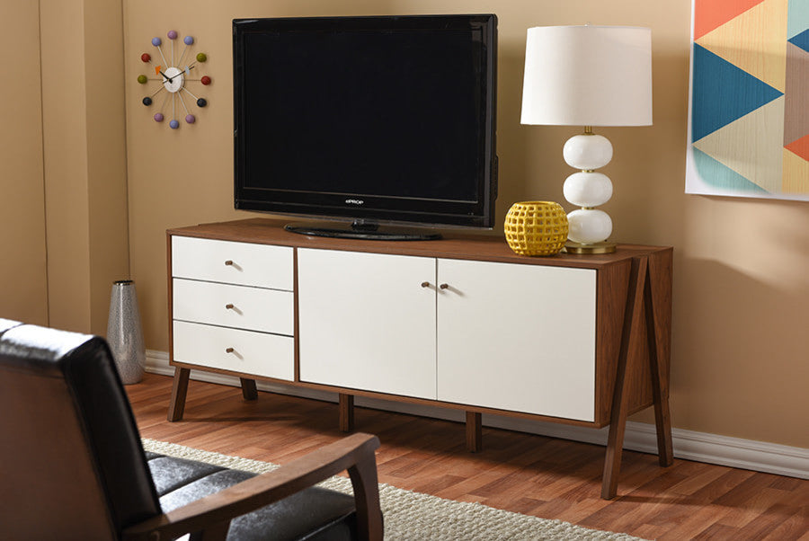 Harlow Mid-Century White and Walnut Wood Sideboard Storage Cabinet