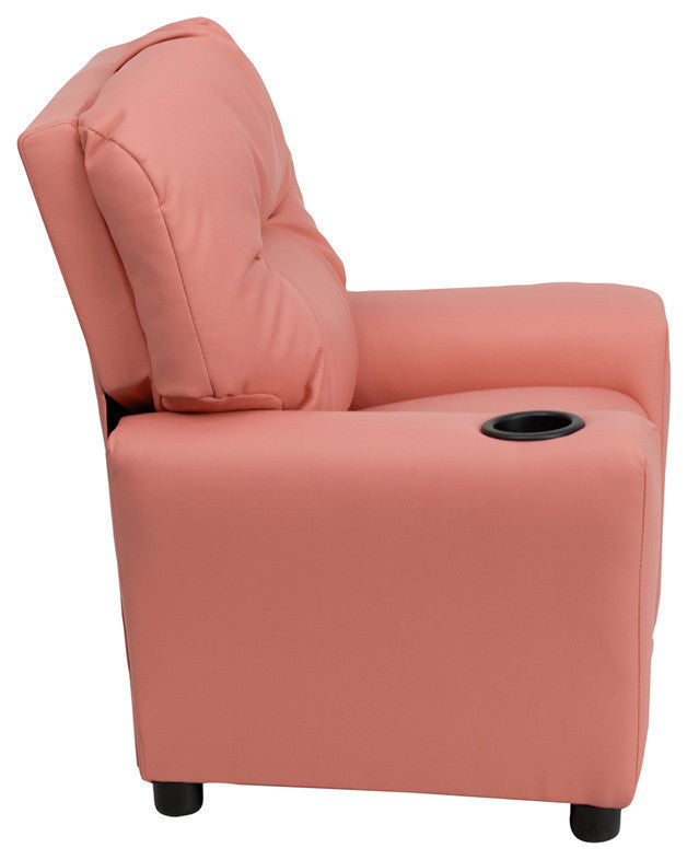 Contemporary Pink Vinyl Kids Recliner With Cup Holder