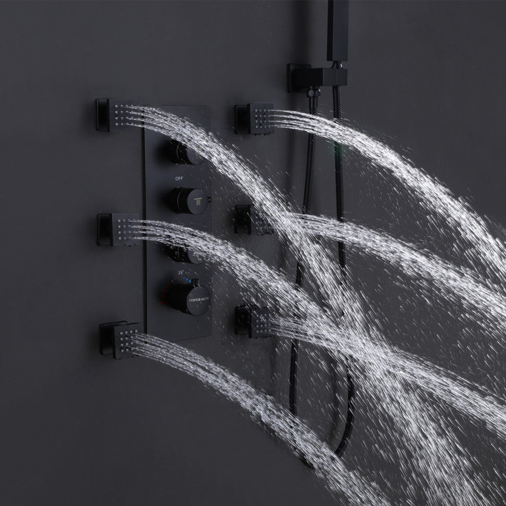 Luxury Thermostatic Shower System with 6 Body Jets & Handheld Shower, Matte Black