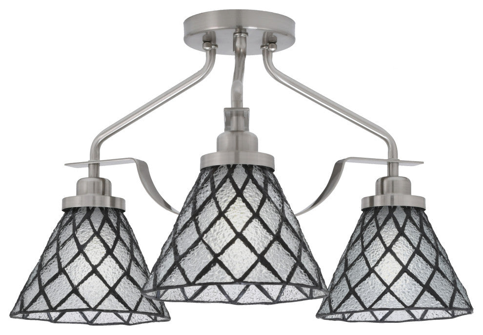 Odyssey 3 Light Semi Flush Mount, Brushed Nickel, 7" Diamond Ice Art Glass