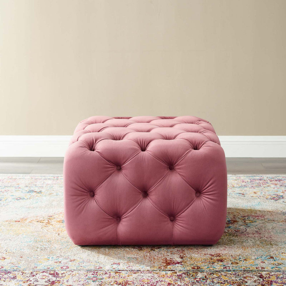 Tufted Accent Chair Ottoman, Square, Velvet, Pink, Modern, Lounge Hospitality