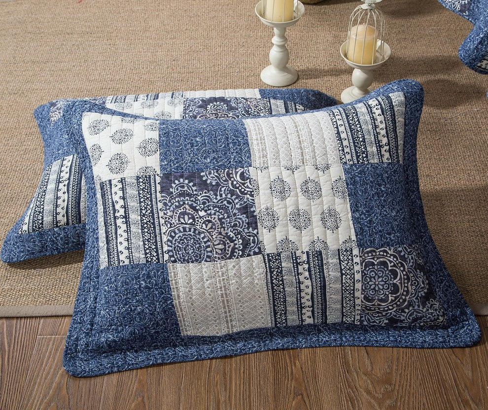 Bohemian Denim Blue Floral Elegance Patchwork Quilted Coverlet Bedspread Set, Qu