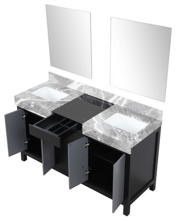 Zilara 60" Black and Grey Double Vanity, 28" Frameless Mirrors