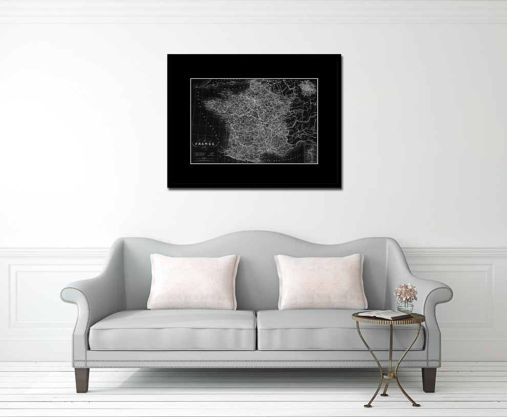 France, Paris Monochrome Map Print On Canvas With Black Custom Frame, 16" X 21"