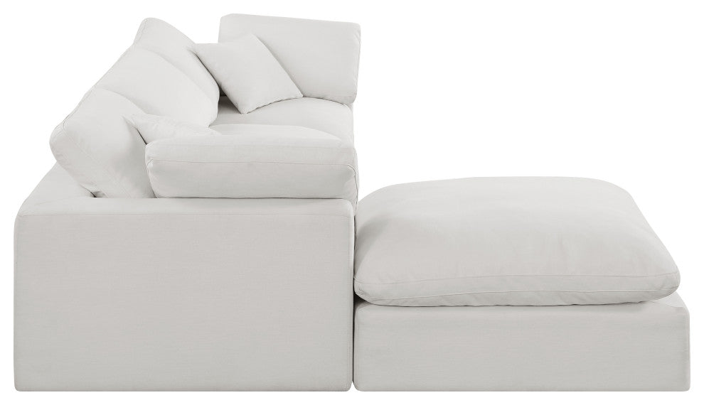 Comfy Upholstered L-Shaped Modular Sectional, Cream, 4-Piece: 1 Armless Chair, 2 Corner Chair, 1 Ottoman, Linen Textured Fabric