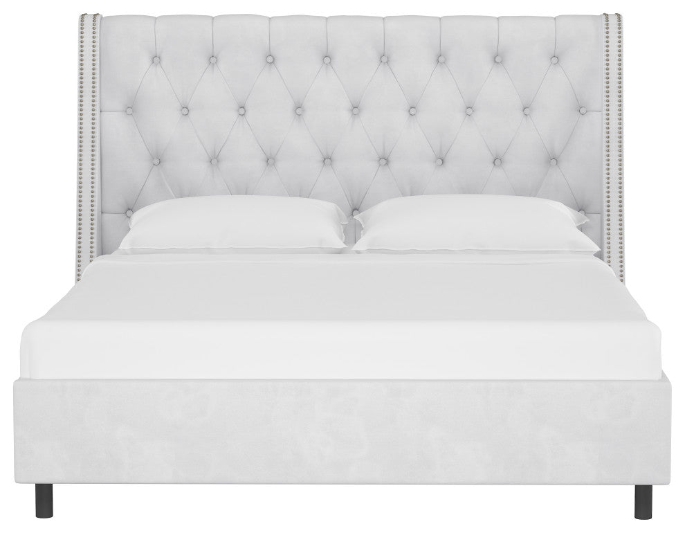 Williams Twin Nail Button Diamond Wingback Platform Bed, Velvet White