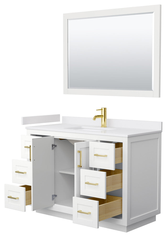 48" Single Vanity White, White Cult. Marble Counter, Sink, Gold Trim, 46" Mirror