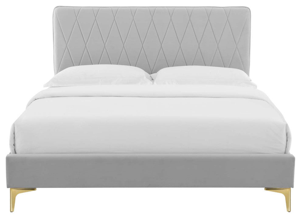Platform Bed Frame, King Size, Velvet, Light Gray, Modern Contemporary