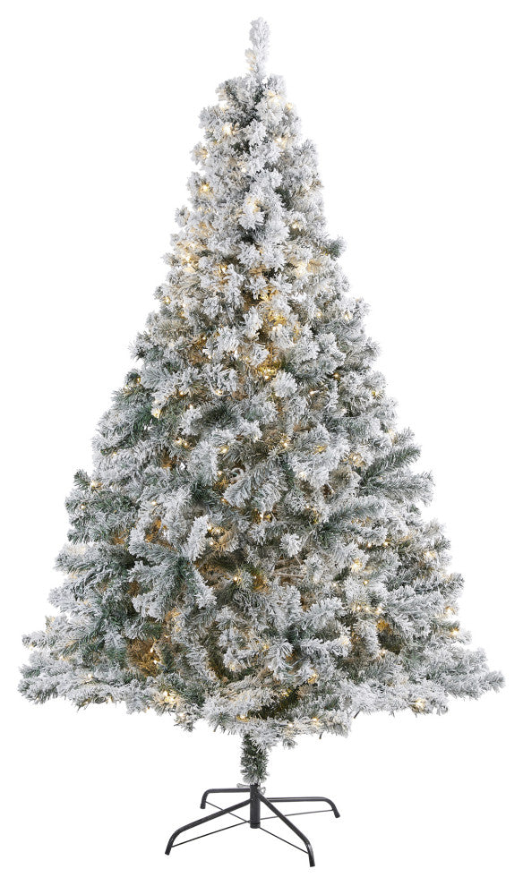 7' Flocked Rock Springs Spruce Faux Xmas Tree W/ Lights & Bendable Branches