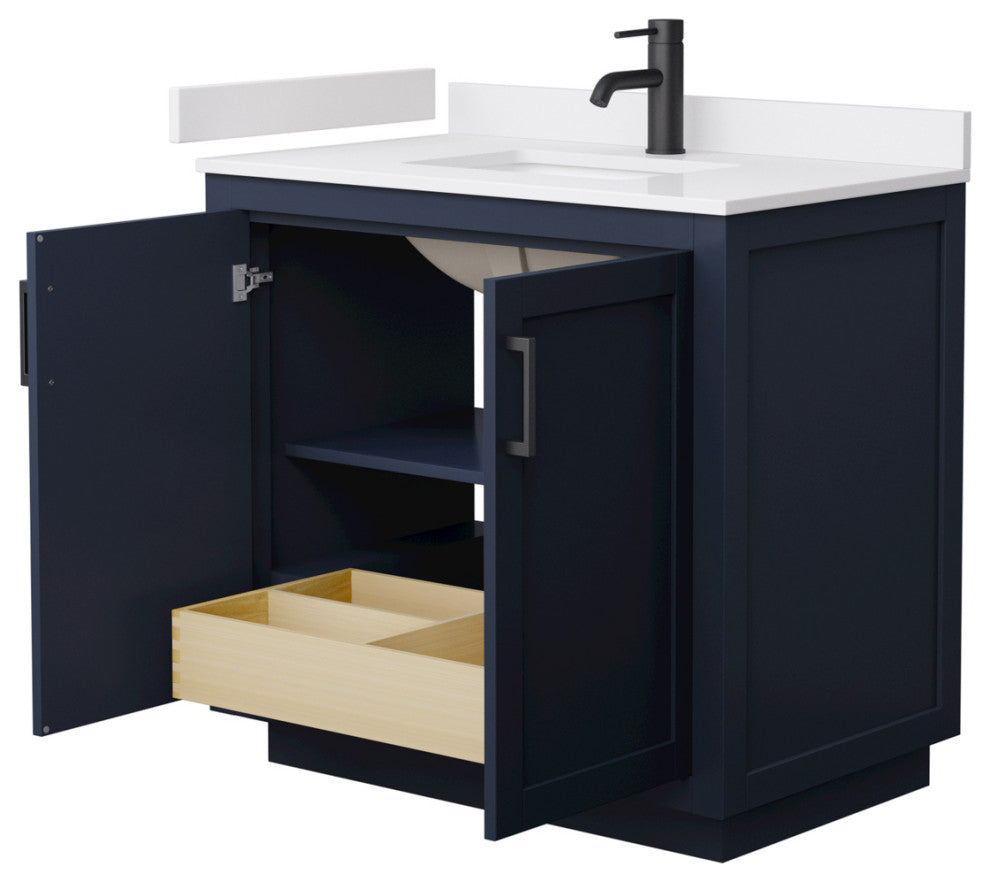 36" Single Bath Vanity Dark Blue, White Cult.Marble Countertop, Sink, Black Trim