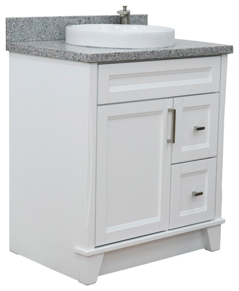 31" Single Sink Vanity, White Finish With Gray Granite With Round Sink