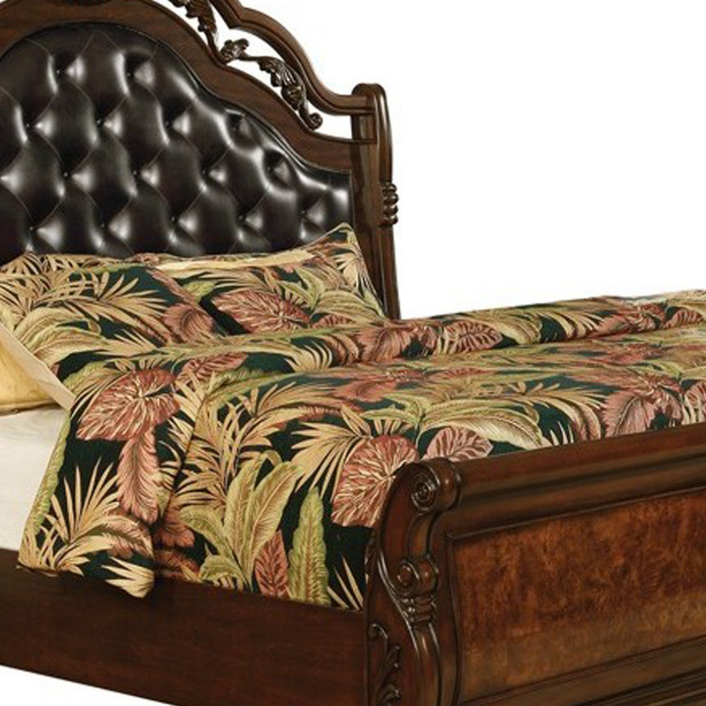 Benzara BM215818 Sleigh California King Bed With Open Carved Crown Top, Brown
