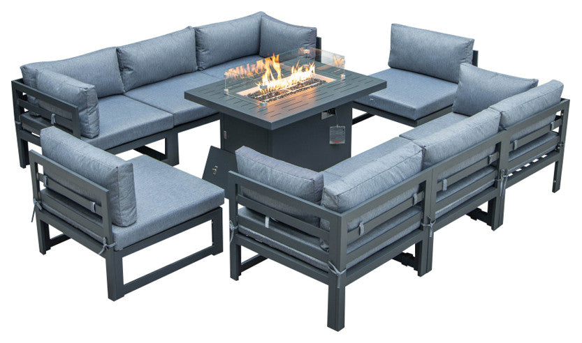 LeisureMod Chelsea 9-Piece Patio Sectional With Fire Pit Table, Blue