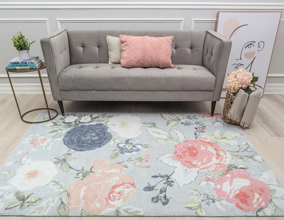 Serafina Blossoming Beauty Floral Contemporary Light Blue Area Rug, 5'3" X 7'0"