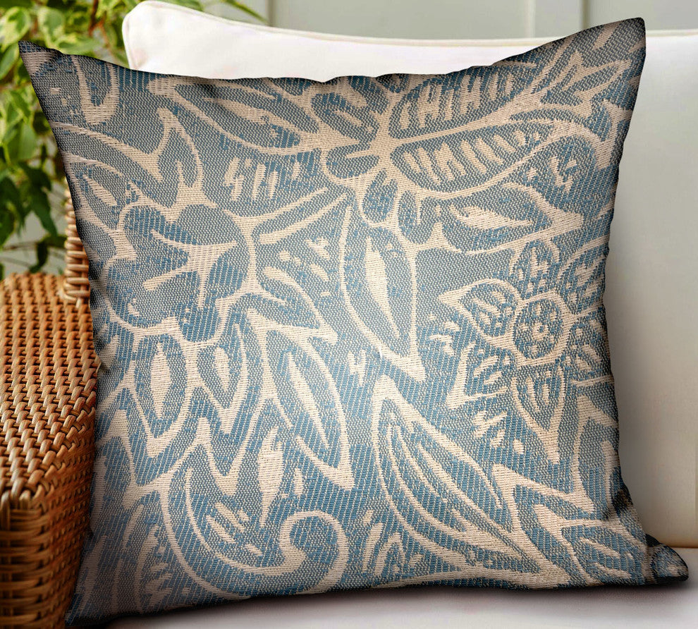 Plutus Serene Oasis Blue, Cream Floral Outdoor/Indoor Pillow, 16"x16"
