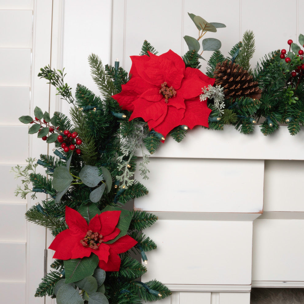 9' Artificial Christmas Garland with Lights, Christmas Poinsettia