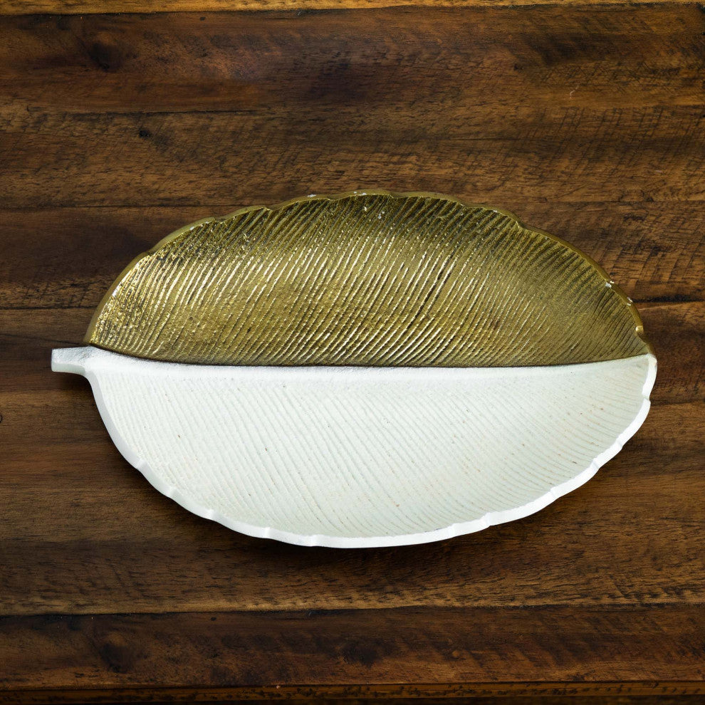 14in. Gold and White Leaf Decorative Accent Tray