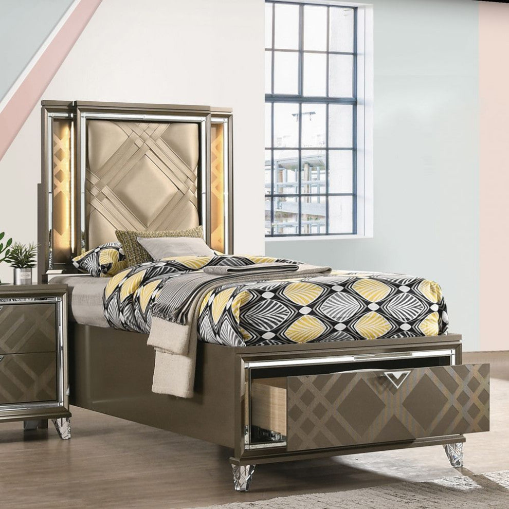 ACME Skylar Twin Bed With Storage, LED, PU and Dark Champagne
