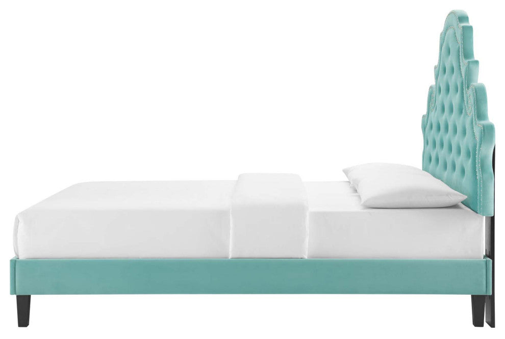 Tufted Platform Bed Frame, King Size, Velvet, Blue, Modern Contemporary, Bedroom