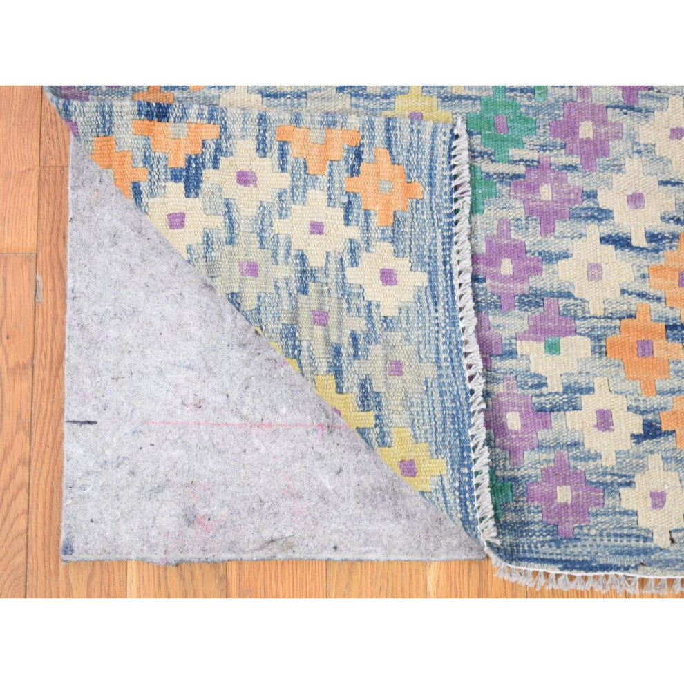 Gray Afghan Kilim with Geometric Design Multicolor Flat Weave Rug 10'3" x 13'2"
