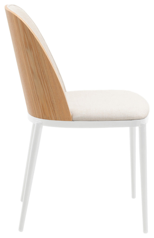 LeisureMod Tule Dining Chair With Upholstered Seat and White Steel Frame, Natural Wood/Beige