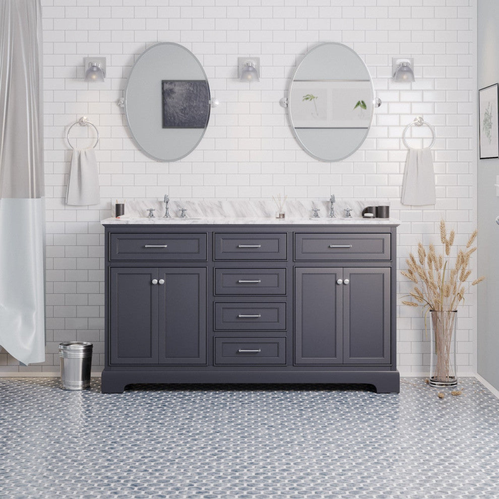 Aria 60" Bathroom Vanity, Marine Gray, Carrara Marble, Double Vanity