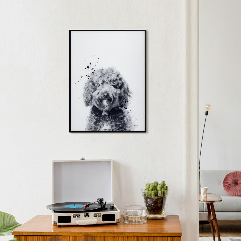 "Labradoodle" Black and White Pet Art on Printed Glass with Anodized Frame
