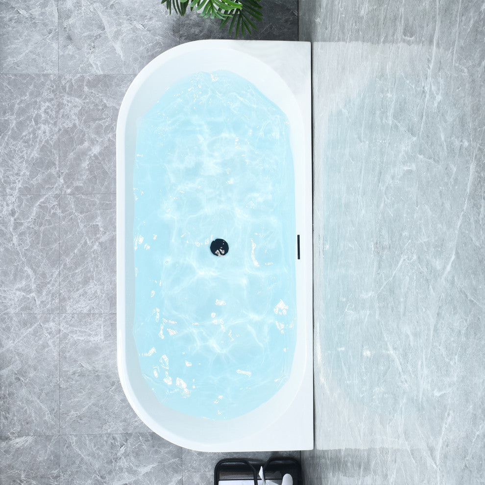 Satchi 67"x32" Flatbottom Freestanding Soaking Bathtub, Matte Black Hardware
