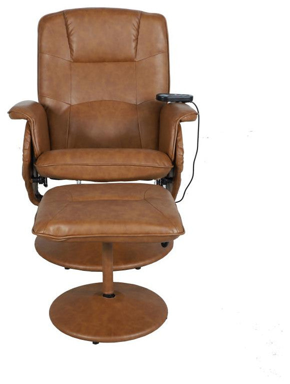Cason Massaging Multi-Position Recliner with Deep Side Pockets and Ottoman, Brown Leathersoft