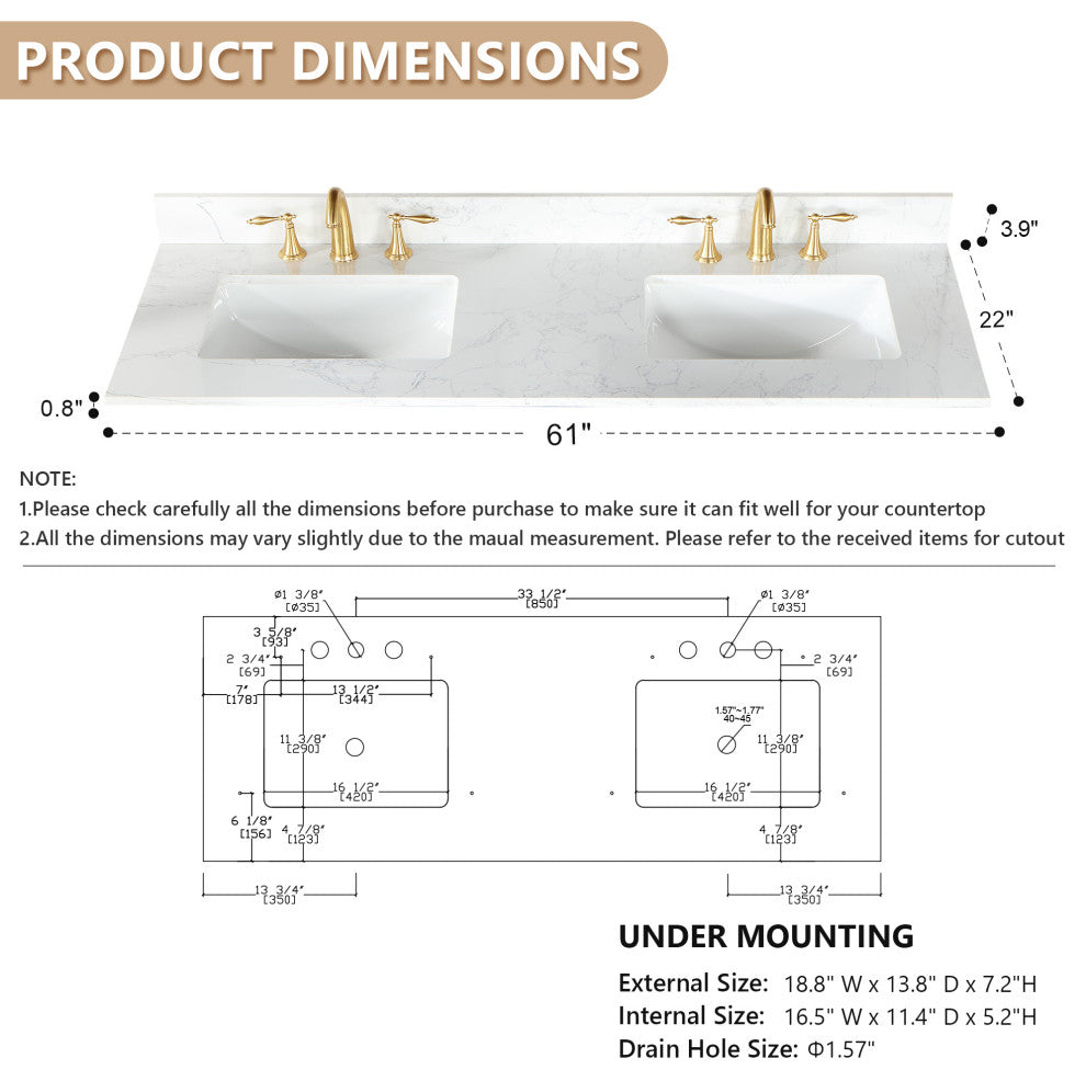 Engineered Stone Vanity Top in Grain White, 61", Double Sink